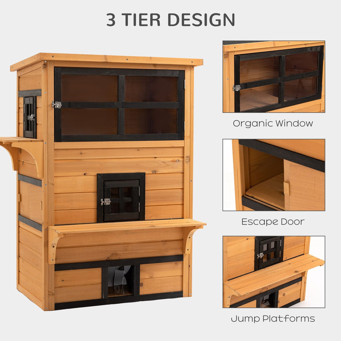 Outdoor Cat House, 3-Tier Kitty Shelter with 5 Escape Doors