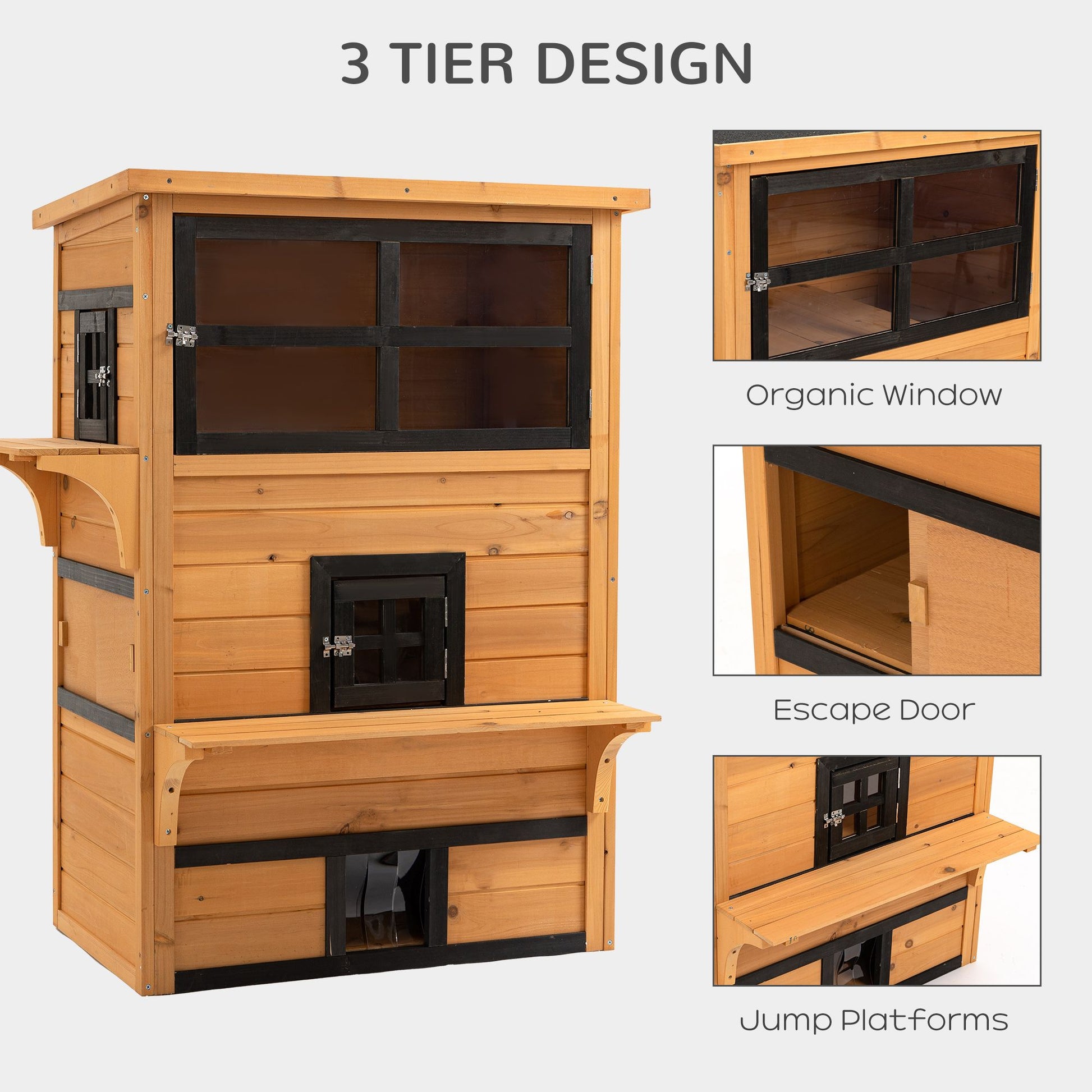 Outdoor Cat House, 3-Tier Kitty Shelter with 5 Escape Doors