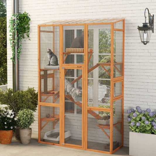 Outdoor Catio Cat Enclosure, Large Wooden Cat House with 6 Jumping