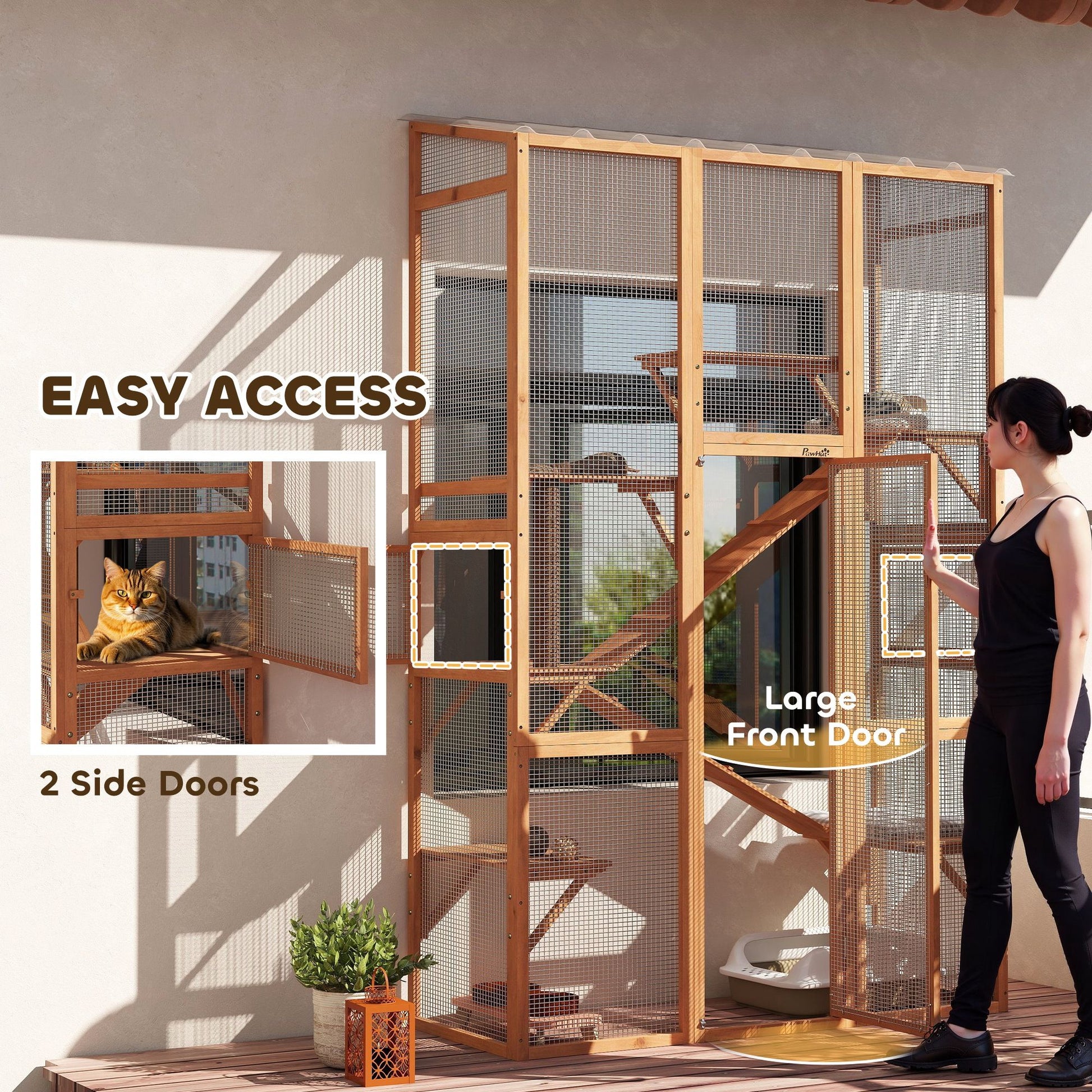 Outdoor Catio Cat Enclosure, Large Wooden Cat House with 6 Jumping