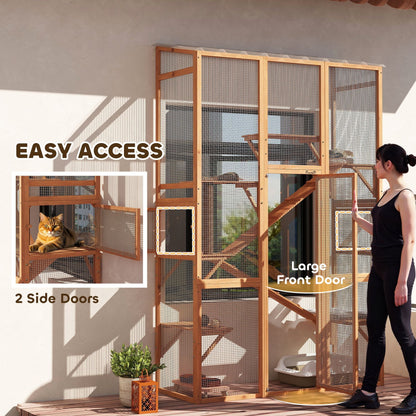 Outdoor Catio Cat Enclosure, Large Wooden Cat House with 6 Jumping