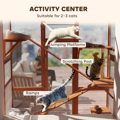 Outdoor Catio Cat Enclosure, Large Wooden Cat House with 6 Jumping