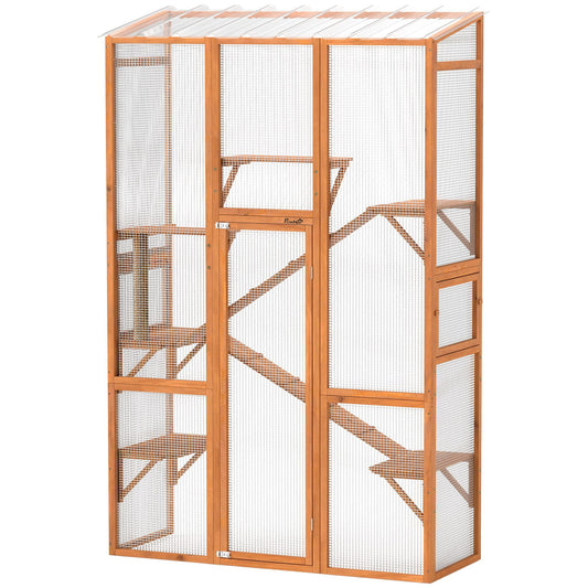 Outdoor Catio Cat Enclosure, Large Wooden Cat House with 6 Jumping