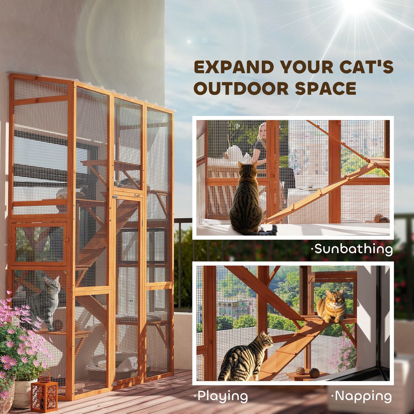 Outdoor Catio Cat Enclosure, Large Wooden Cat House with 6 Jumping