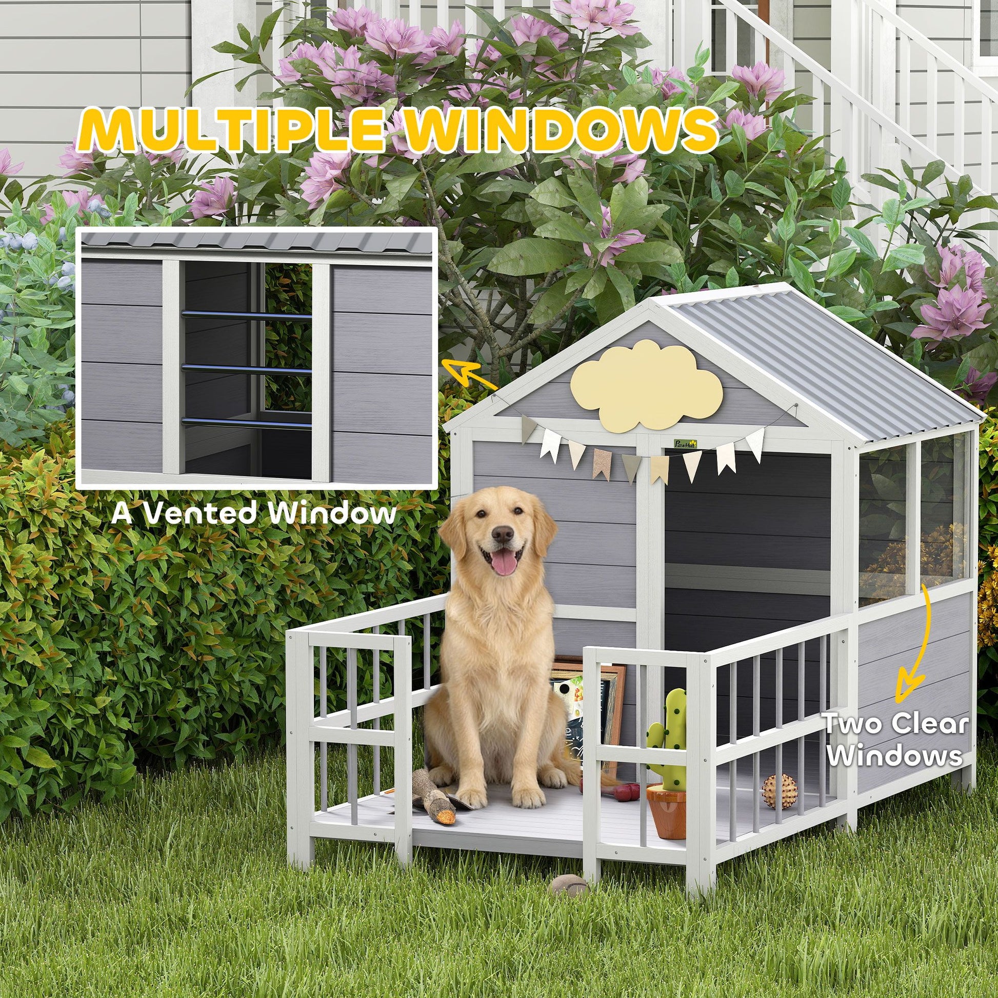 Outdoor Dog House, 61"L Wooden Dog House with Porch, Weatherproof