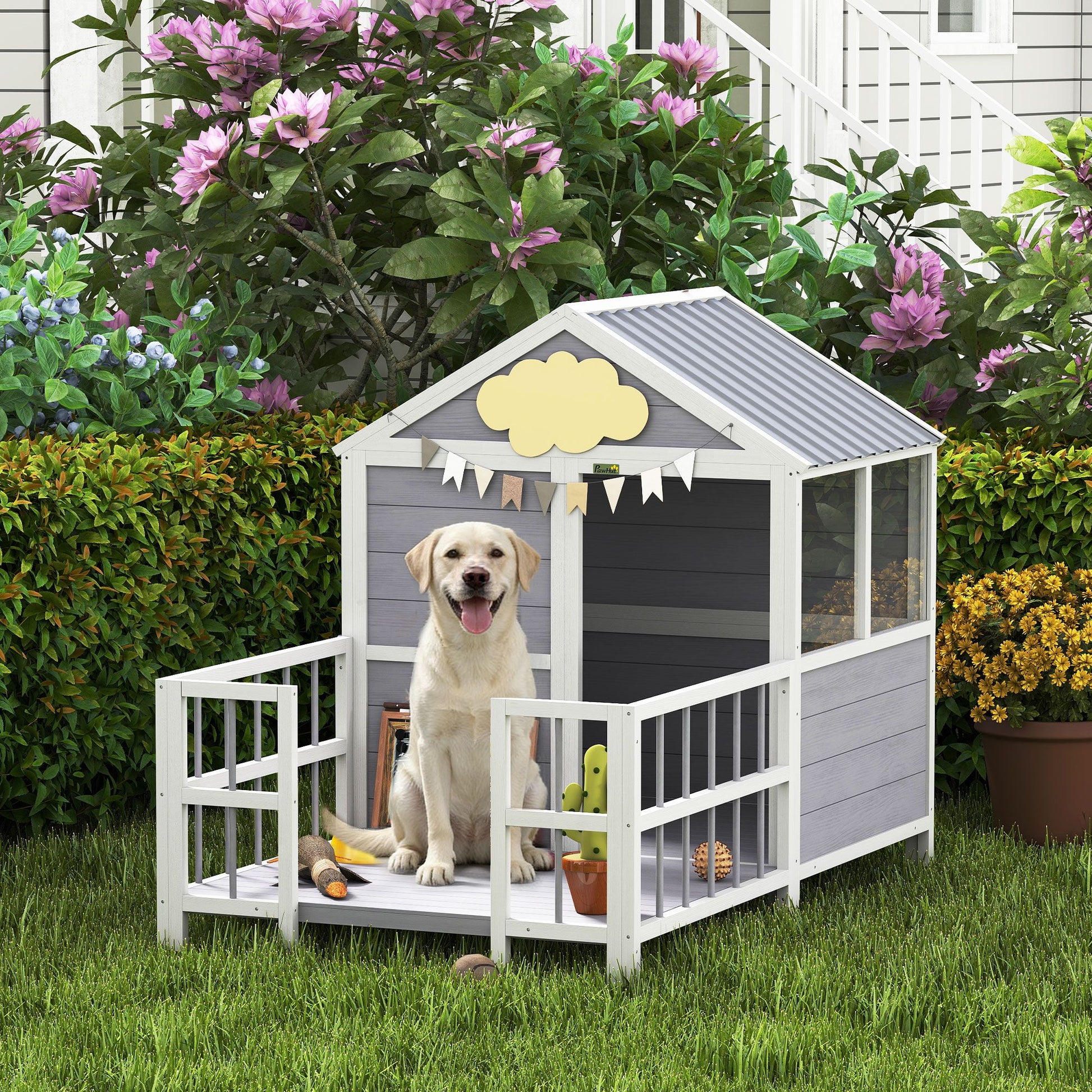 Outdoor Dog House, 61"L Wooden Dog House with Porch, Weatherproof