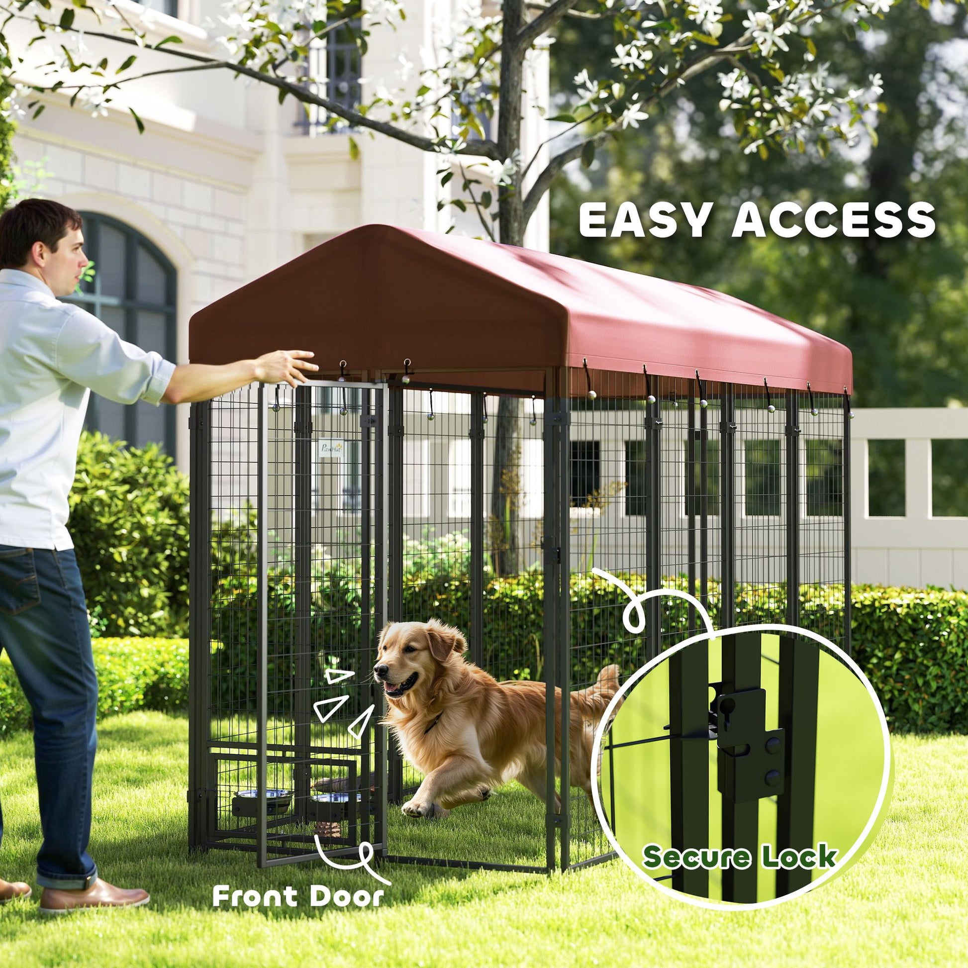 Outdoor Dog Kennel with Rotating Bowl Holders, Walk-in Pet Playpen