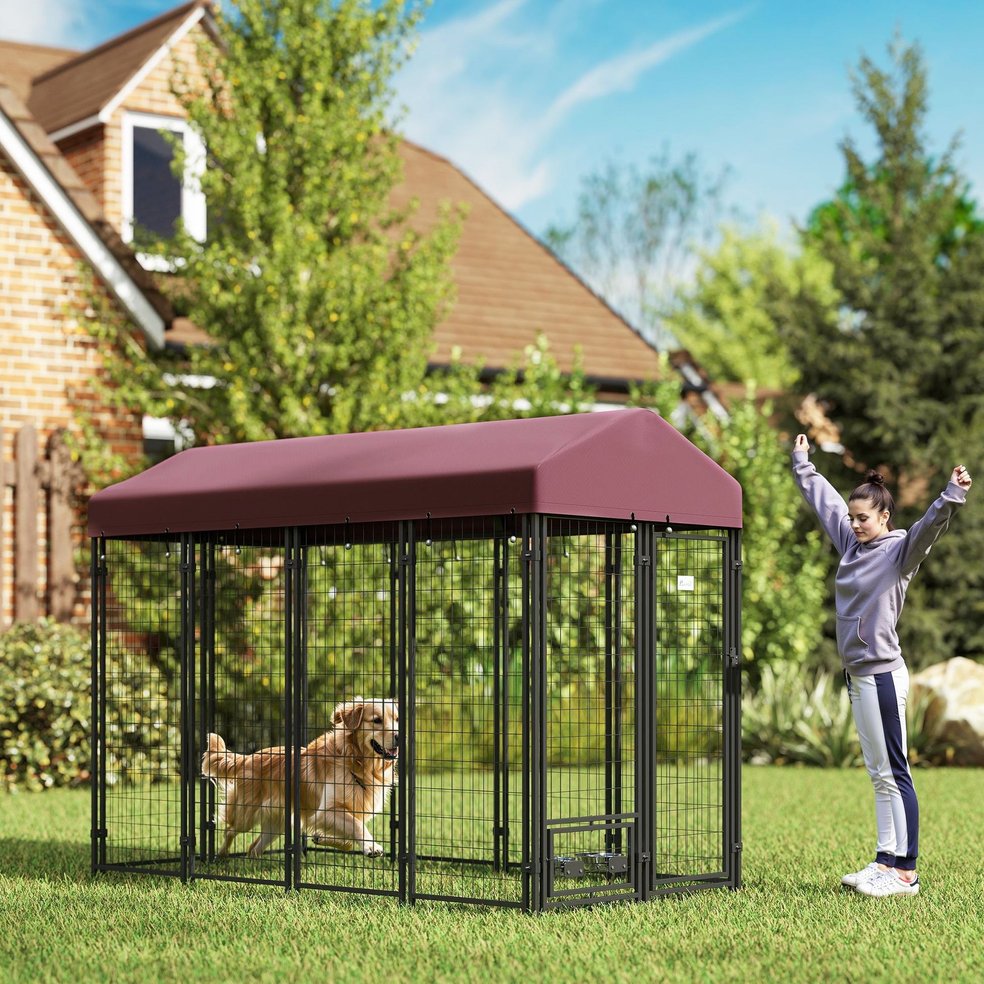 Outdoor Dog Kennel with Rotating Bowl Holders, Walk-in Pet Playpen