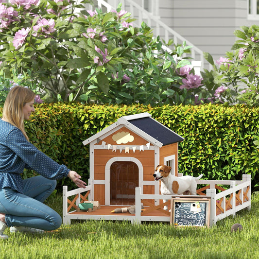 Outdoor Wooden Dog House, Dog Shelter with Large Porch