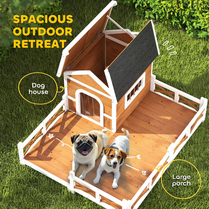 Outdoor Wooden Dog House, Dog Shelter with Large Porch