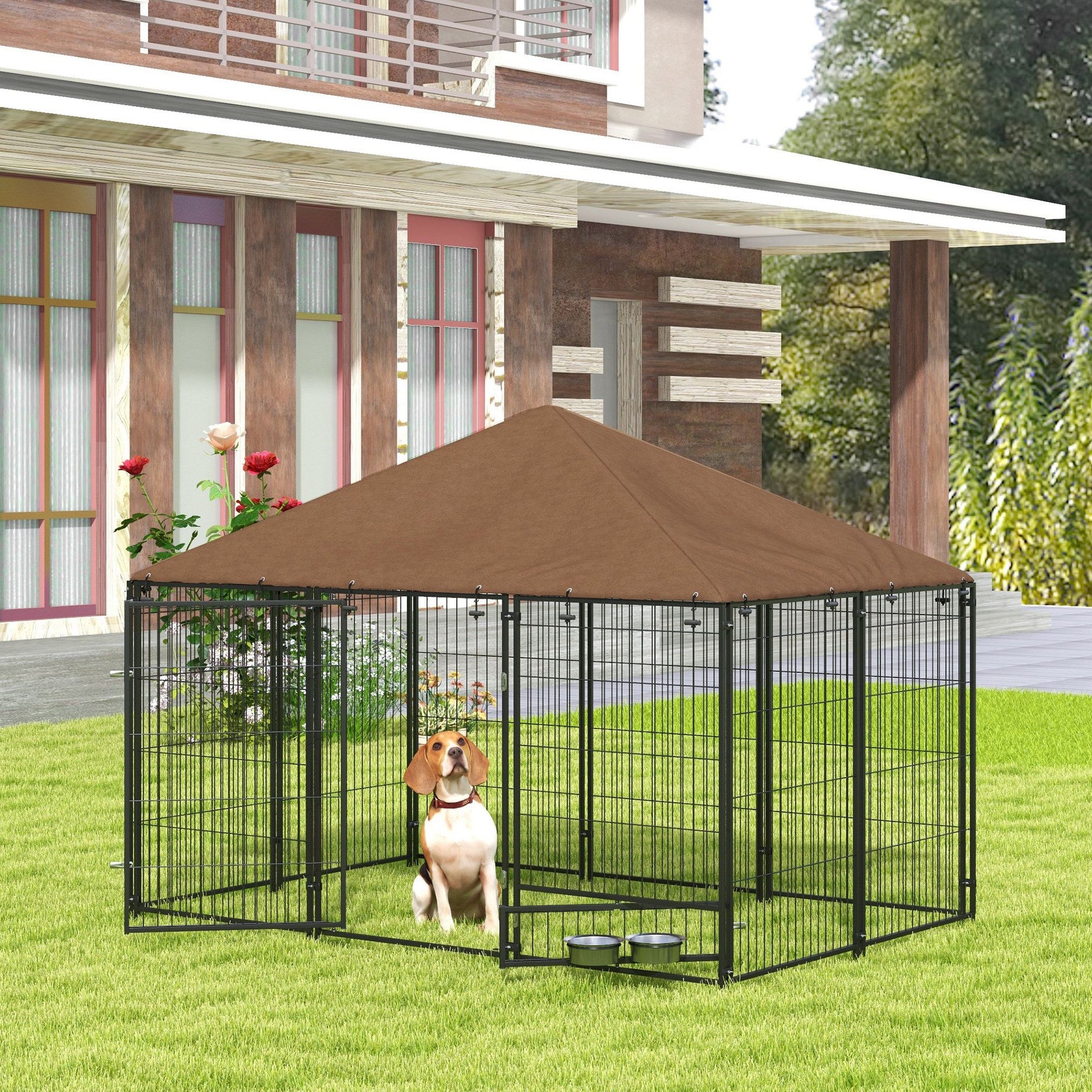 Outside Dog Kennel, 6.9 X 5' Puppy Play Pen with Canopy, Garden