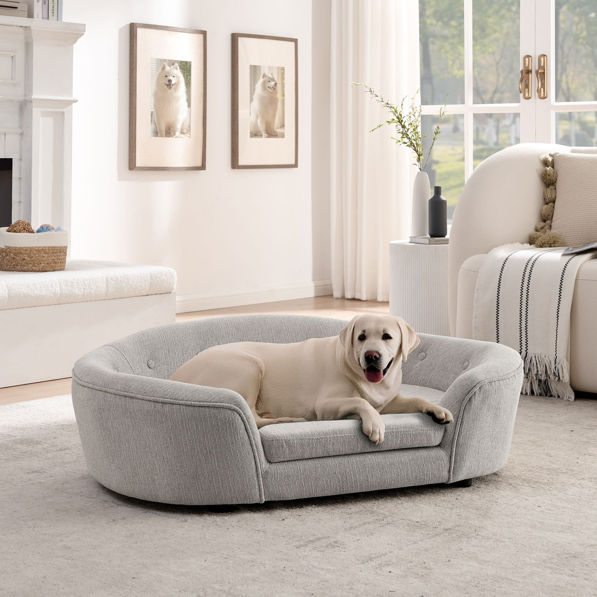 OVERSIZED Size Oval Semi-Enclosed Dog Sofa - Durable Linen