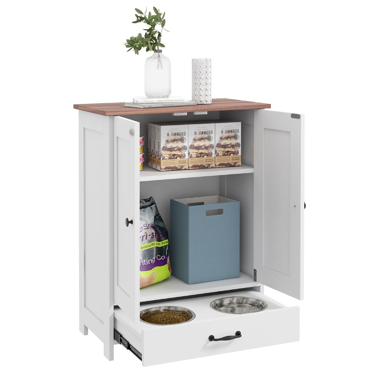 PawHut Dog Feeding Station, Dog Food Storage Cabinet with Hidden