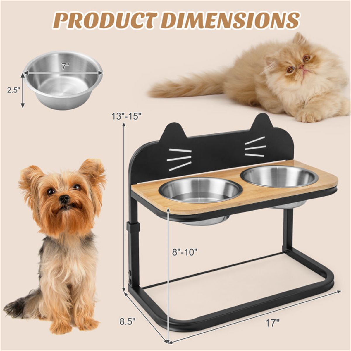 Pet Feeder with 2 Stainless Steel Bowls, Adjustable Height for Cats