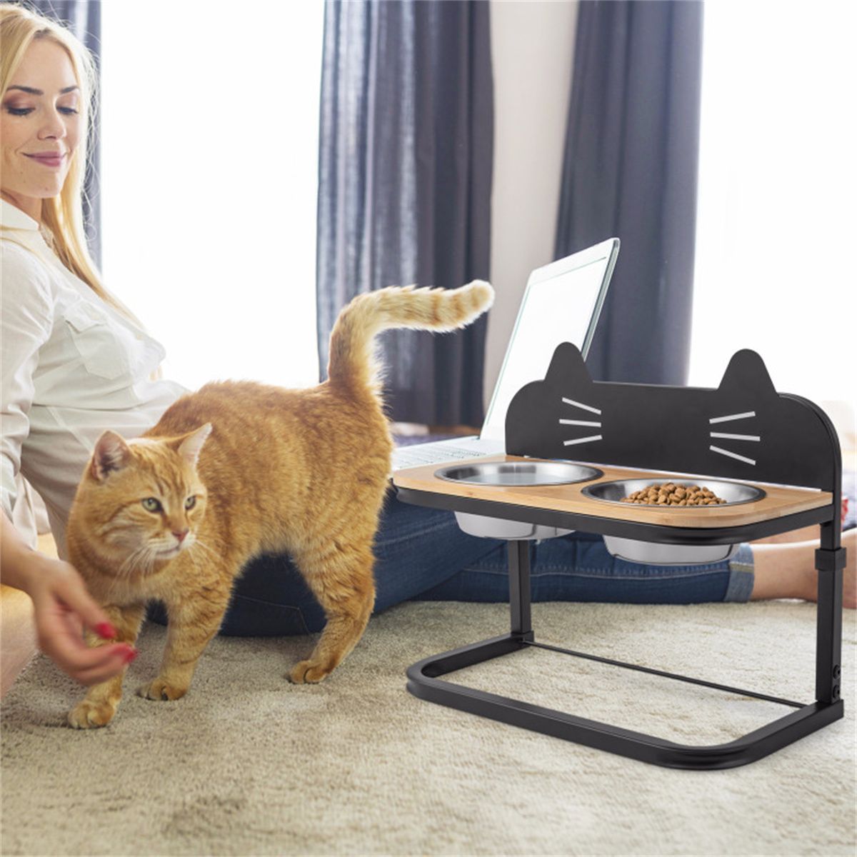 Pet Feeder with 2 Stainless Steel Bowls, Adjustable Height for Cats