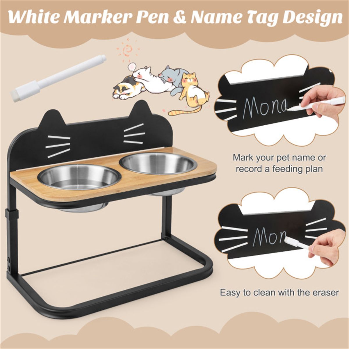 Pet Feeder with 2 Stainless Steel Bowls, Adjustable Height for Cats