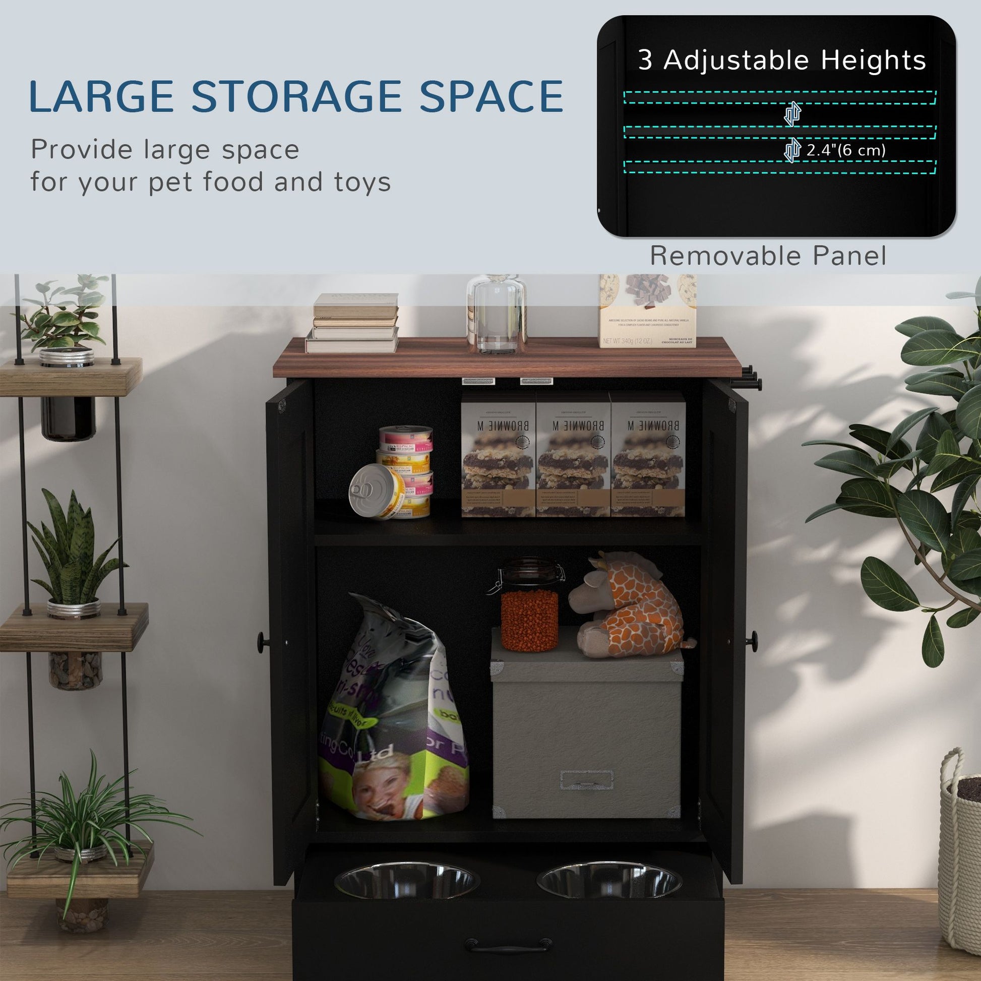 Pet Feeding Station, Dog Food Storage Cabinet with Raised Dog