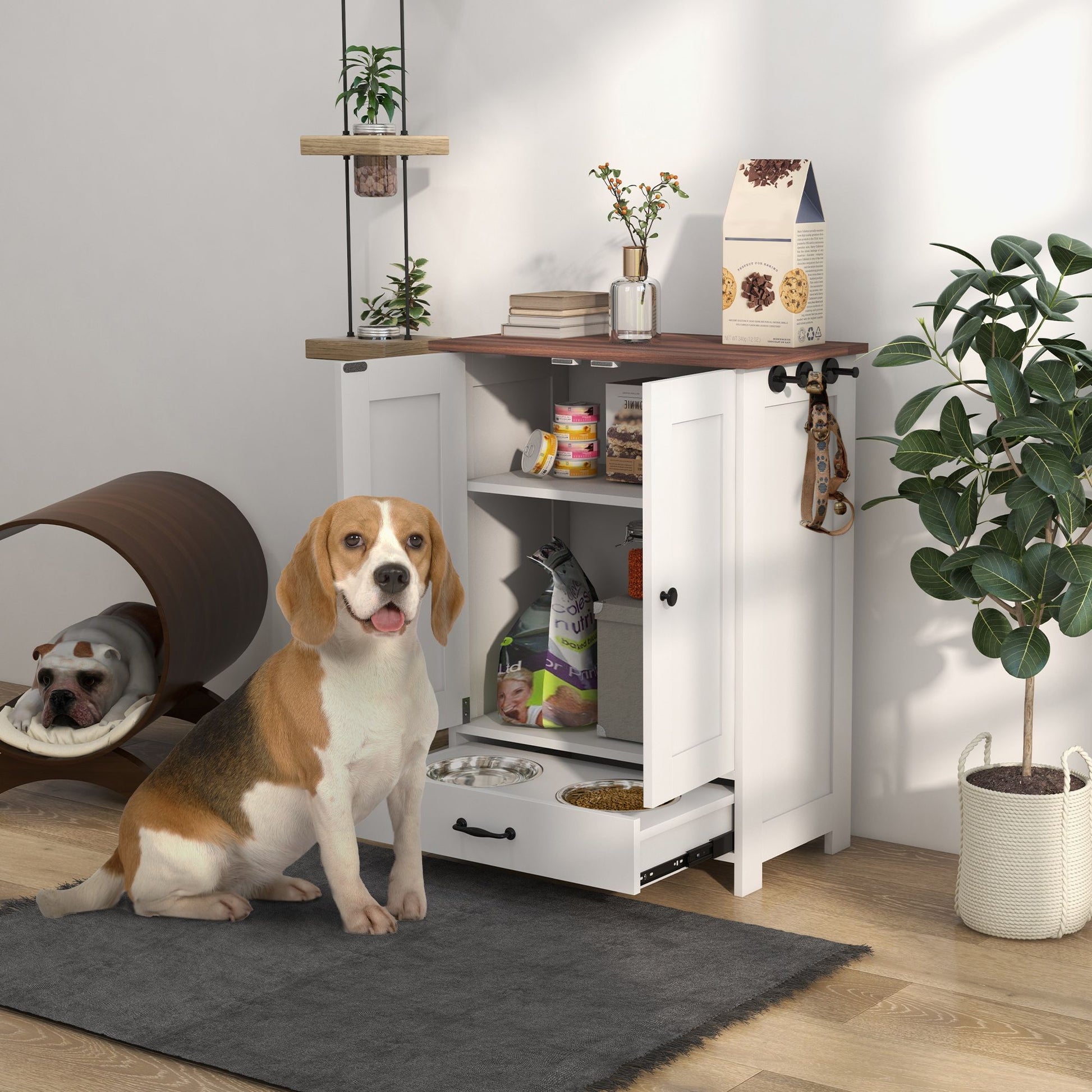 Pet Feeding Station for Medium Dogs, White, with Storage, Raised