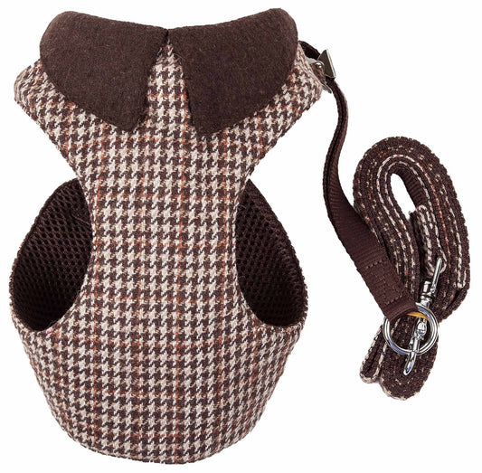 2-in-1 Mesh Reversible Plaided Collared Adjustable Dog Harness-Leash