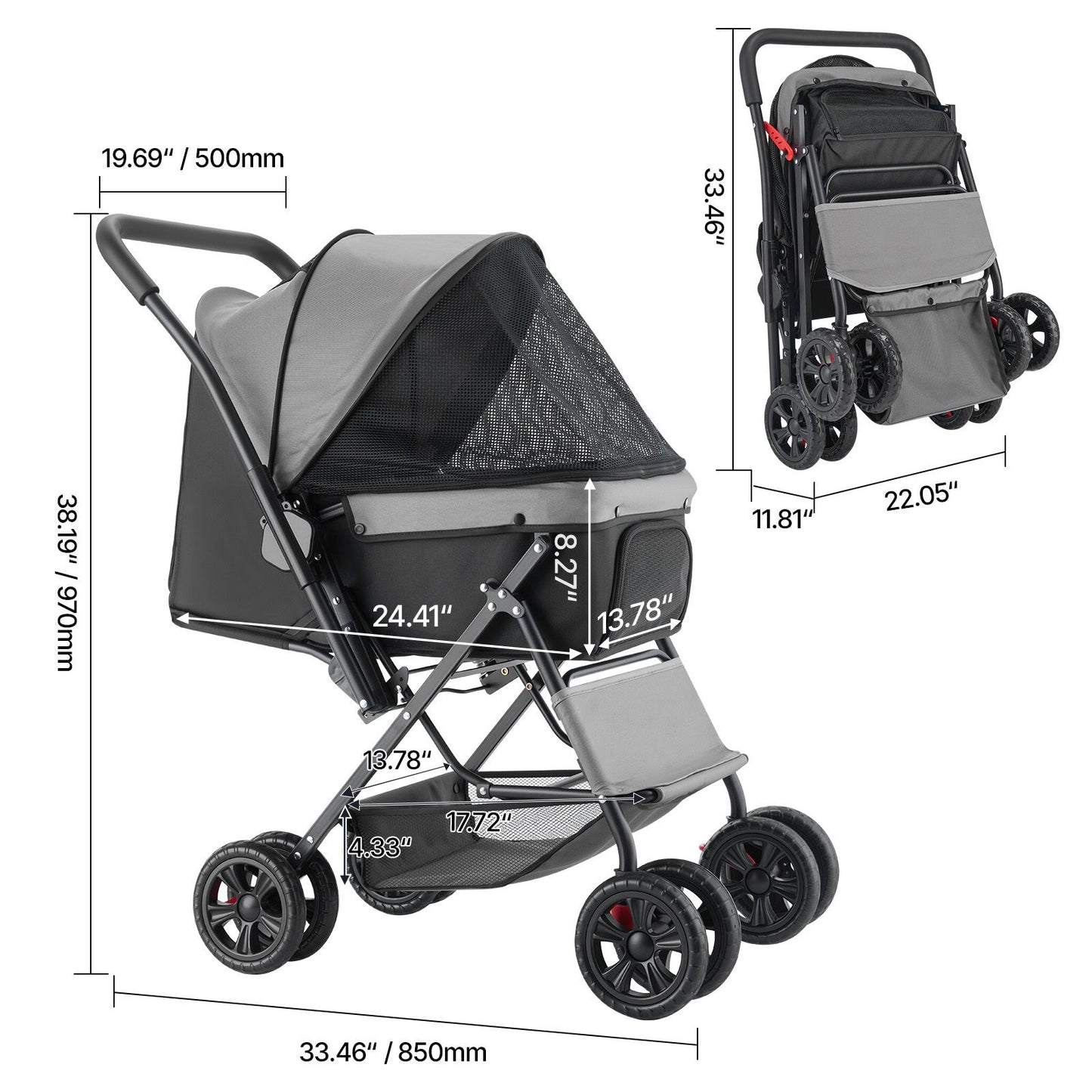 Pet Stroller, 44 Lbs Weight Capacity, Foldable Dog Stroller Cart, 4