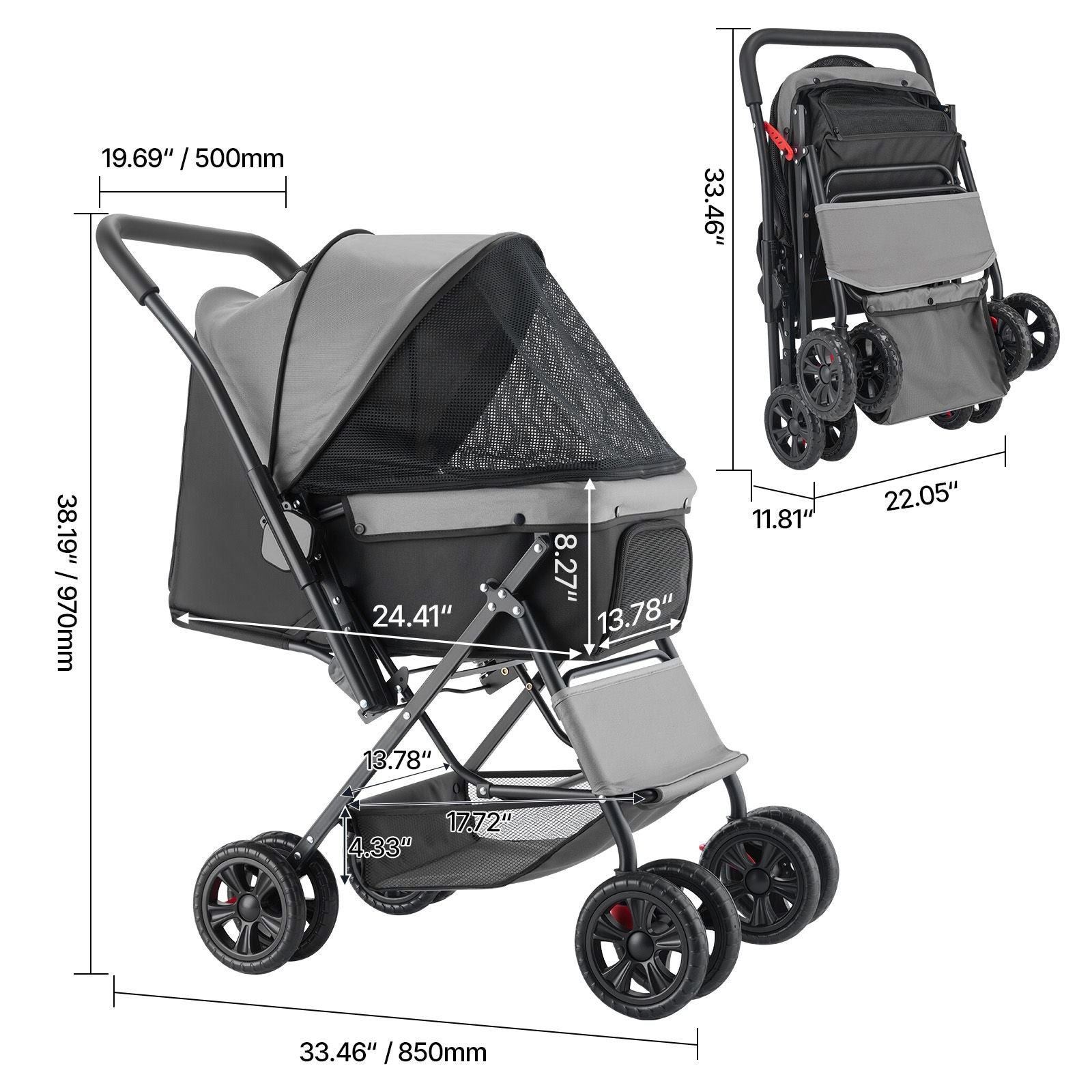 Pet Stroller, 44 Lbs Weight Capacity, Foldable Dog Stroller Cart, 4