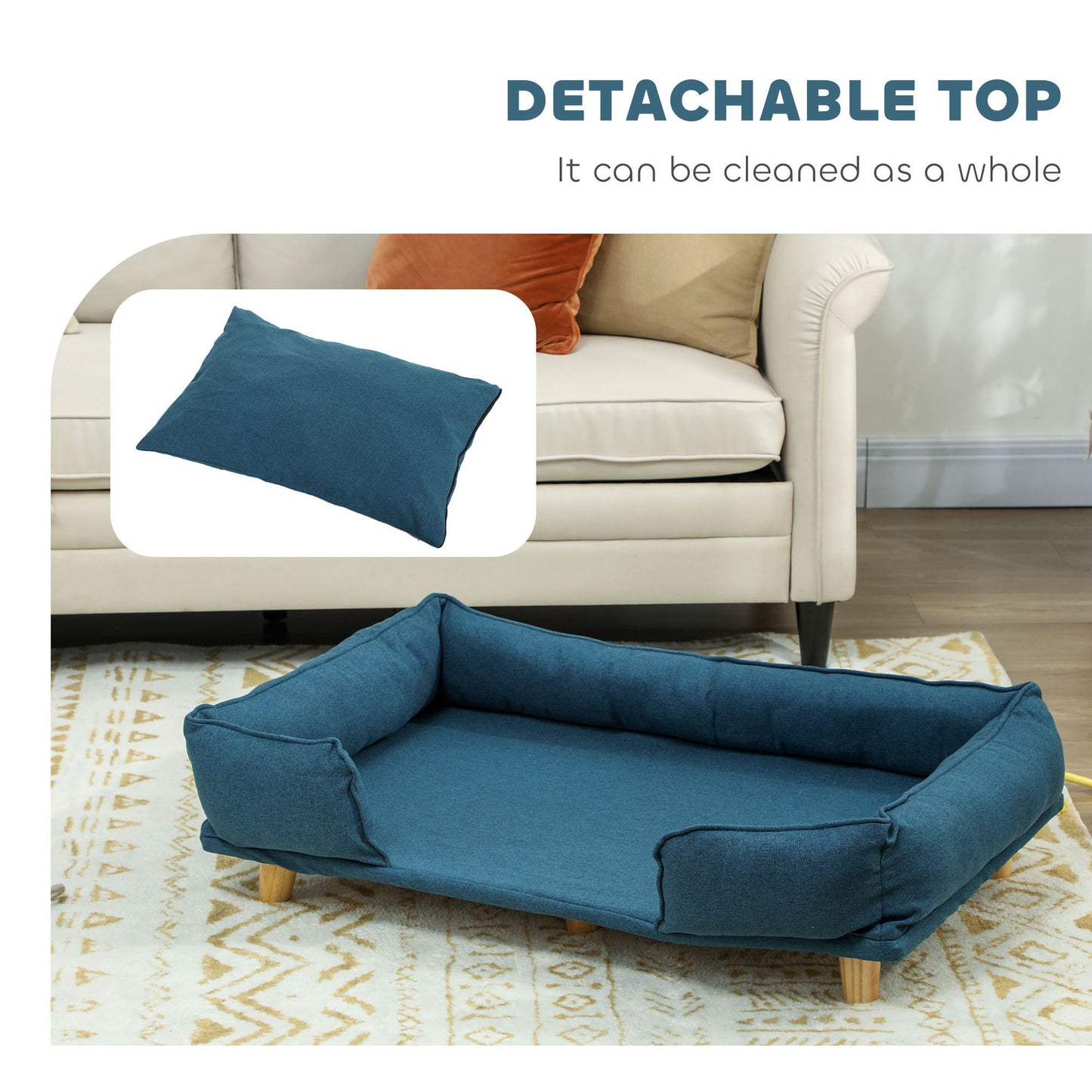 Raised Dog Couch with Comfortable Cushion, Pine Wood Legs, Foot