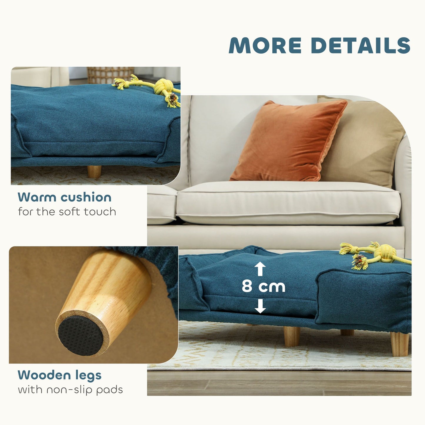 Raised Dog Couch with Comfortable Cushion, Pine Wood Legs, Foot