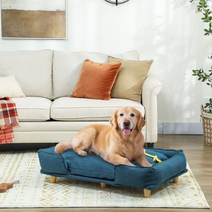 Raised Dog Couch with Comfortable Cushion, Pine Wood Legs, Foot