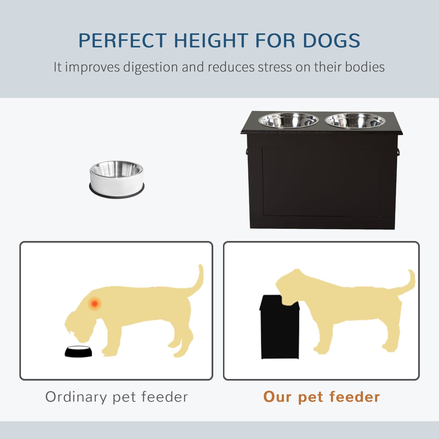 Raised Dog Feeding Station with 2 Stainless Steel Bowls Storage