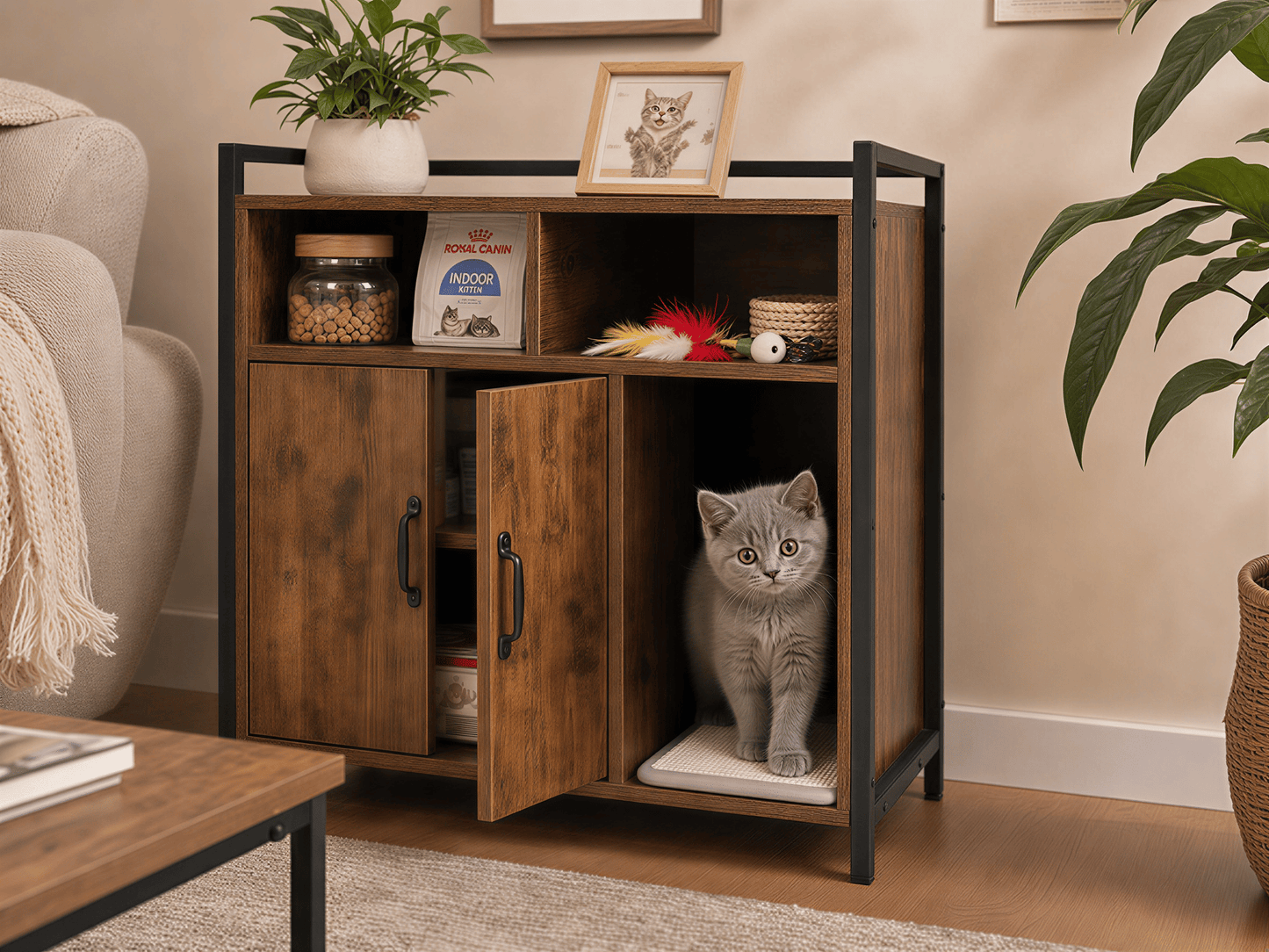 Rustic Brown Wooden Cat Litter Box Enclosure, Spacious Hidden Cat