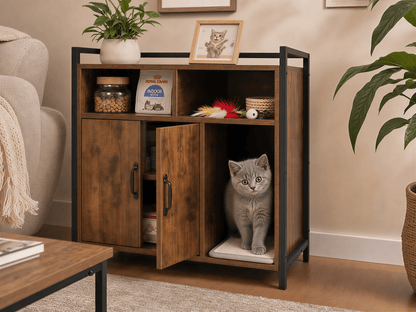 Rustic Brown Wooden Cat Litter Box Enclosure, Spacious Hidden Cat