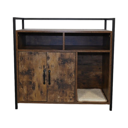 Rustic Brown Wooden Cat Litter Box Enclosure, Spacious Hidden Cat