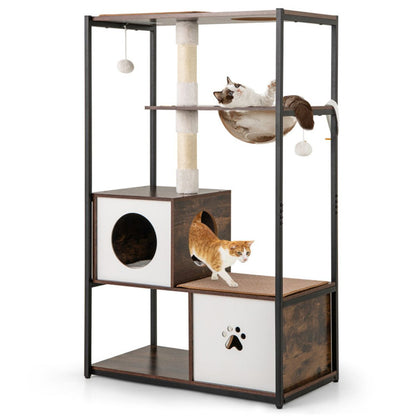 Stylish Wood-Metal Cat Tree - 33 Lbs Per Layer Capacity, 2 Private