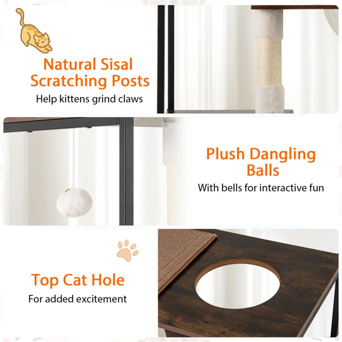 Stylish Wood-Metal Cat Tree - 33 Lbs Per Layer Capacity, 2 Private