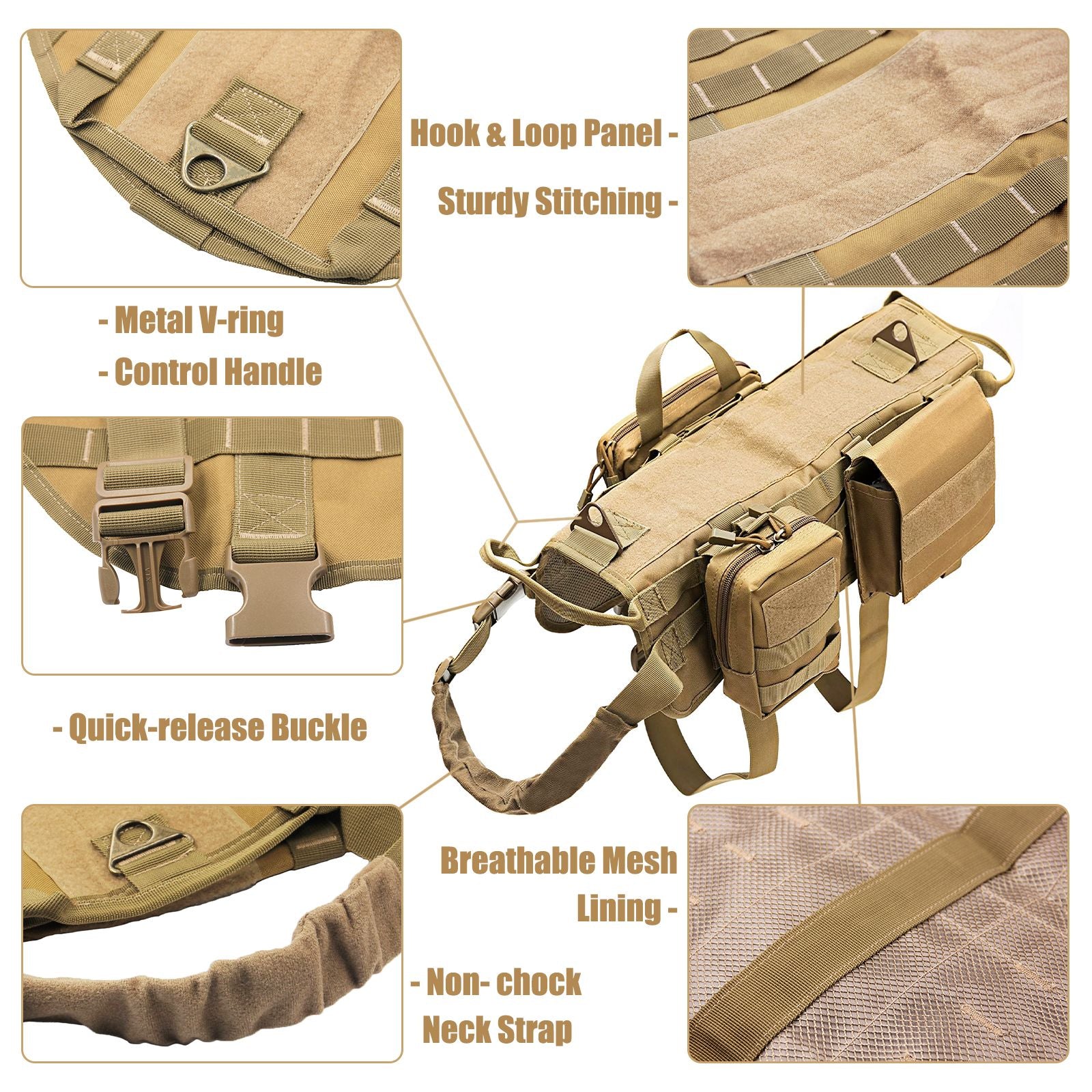 Tactical Dog Harness with Pouches; Adjustable Harness with 3