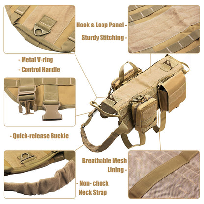 Tactical Dog Harness with Pouches; Adjustable Harness with 3