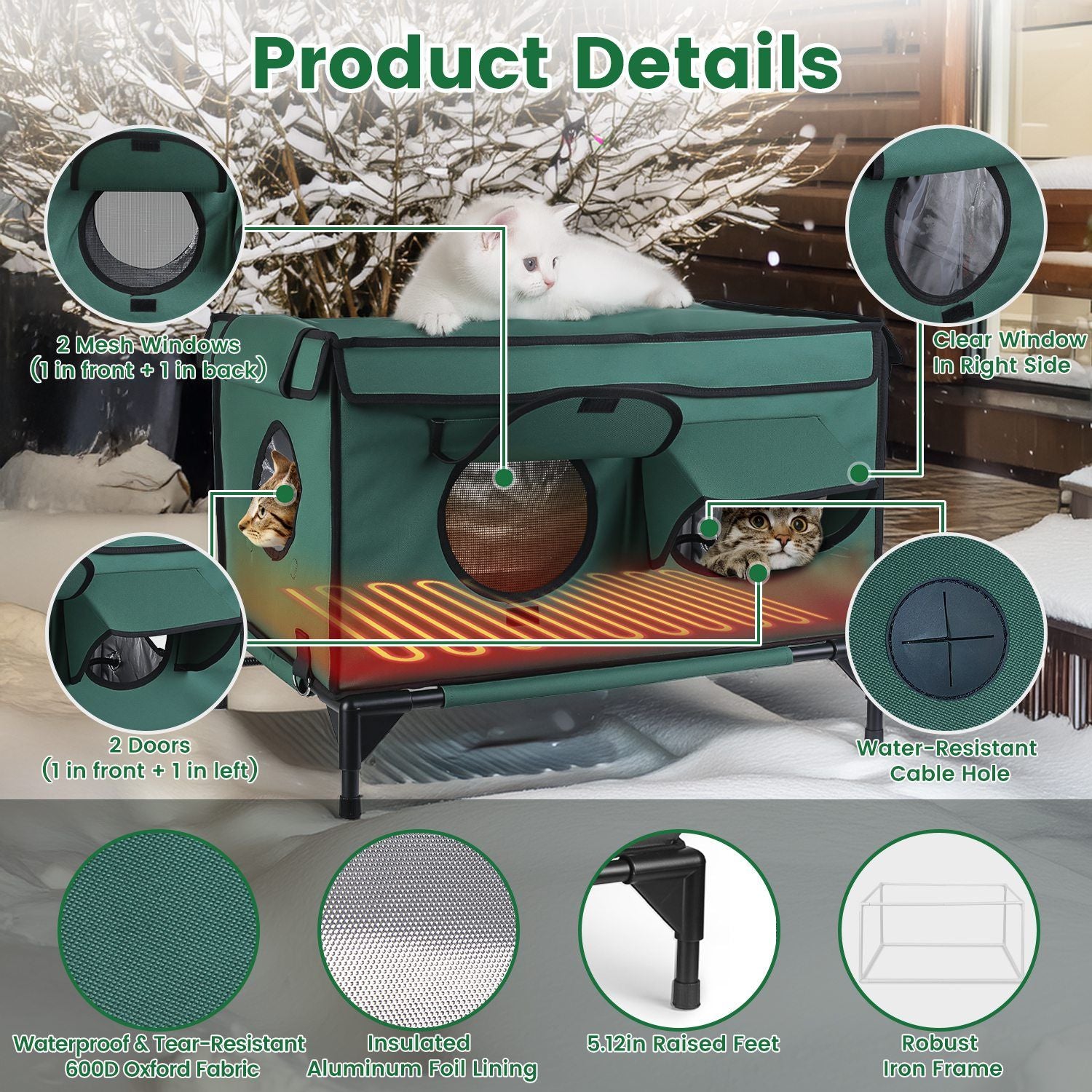 Waterproof Heated Cat House Outdoor Weatherproof Insulated Kitty
