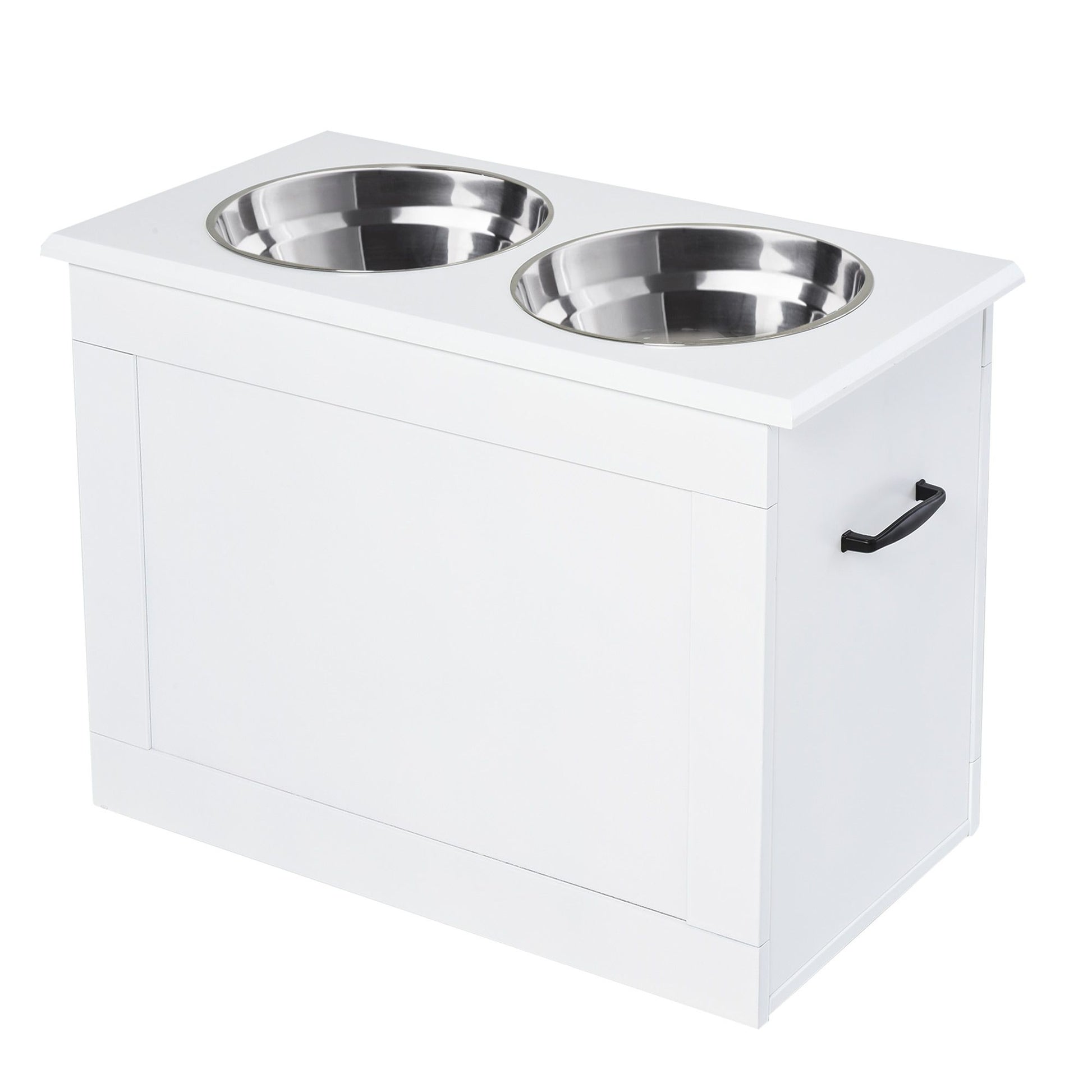 White Raised Pet Dining Station with Food Storage and Steel Bowls
