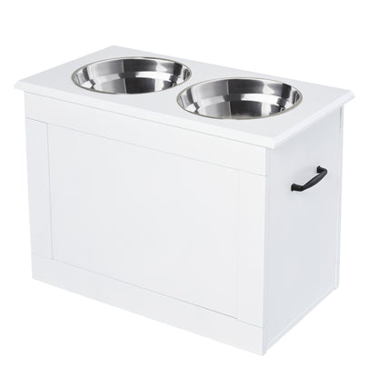 White Raised Pet Dining Station with Food Storage and Steel Bowls