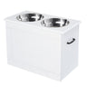 White Raised Pet Dining Station with Food Storage and Steel Bowls