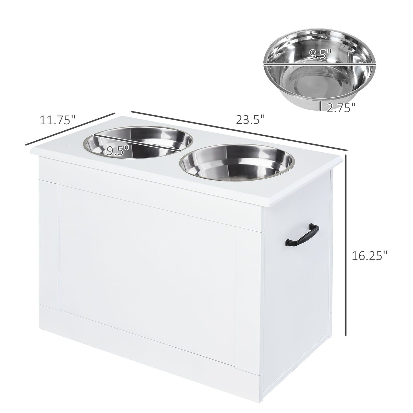 White Raised Pet Dining Station with Food Storage and Steel Bowls