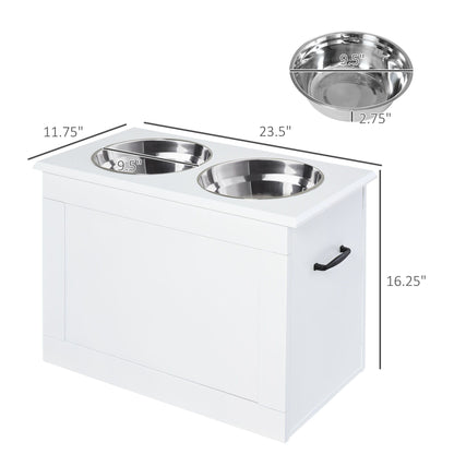 White Raised Pet Dining Station with Food Storage and Steel Bowls