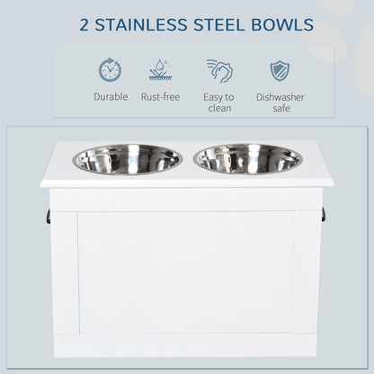 White Raised Pet Dining Station with Food Storage and Steel Bowls