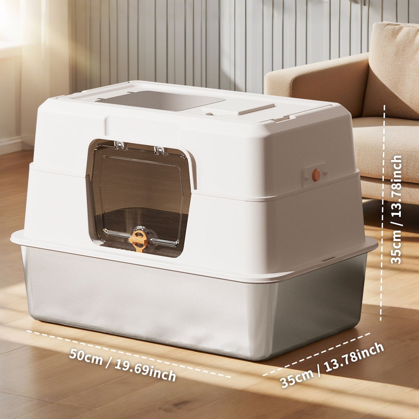 White Stainless Steel Fully Enclosed Cat Litter Box, Durable