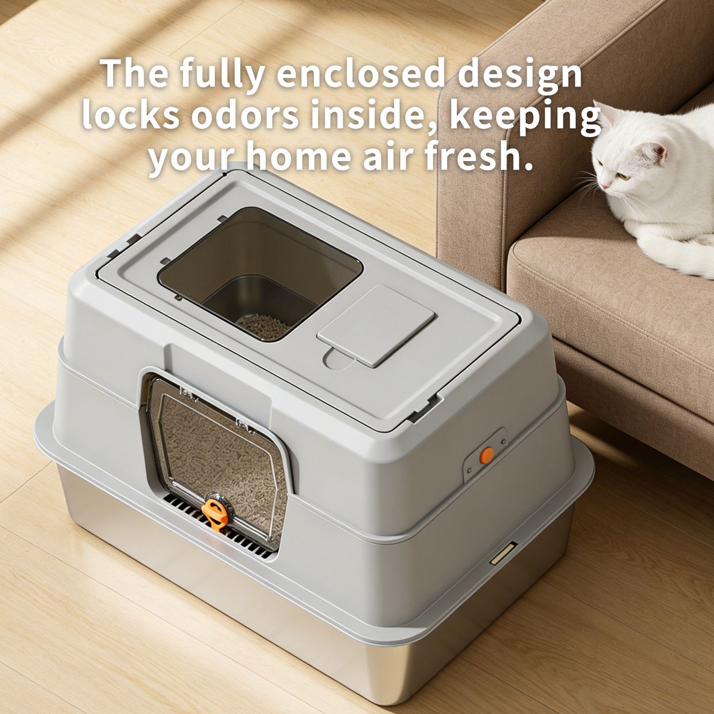 White Stainless Steel Fully Enclosed Cat Litter Box, Durable