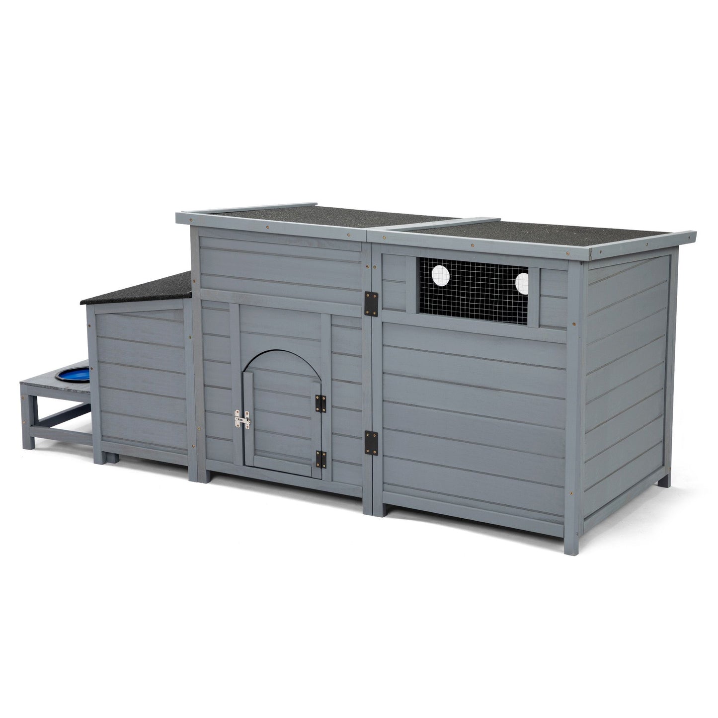 Wood Dog House, Outdoor Dog Kennel with Food Bowls, Storage Box