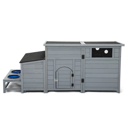 Wood Dog House, Outdoor Dog Kennel with Food Bowls, Storage Box