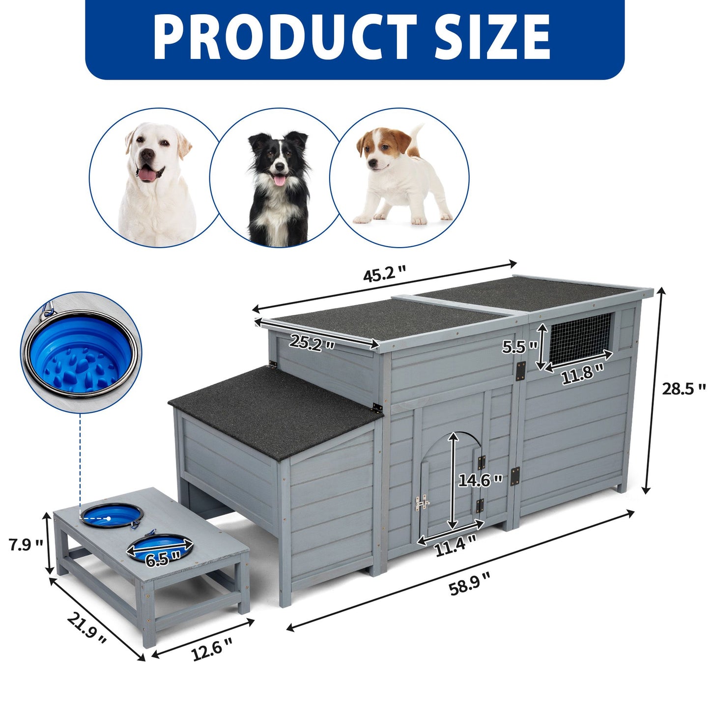 Wood Dog House, Outdoor Dog Kennel with Food Bowls, Storage Box