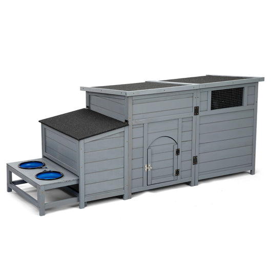 Wood Dog House, Outdoor Dog Kennel with Food Bowls, Storage Box