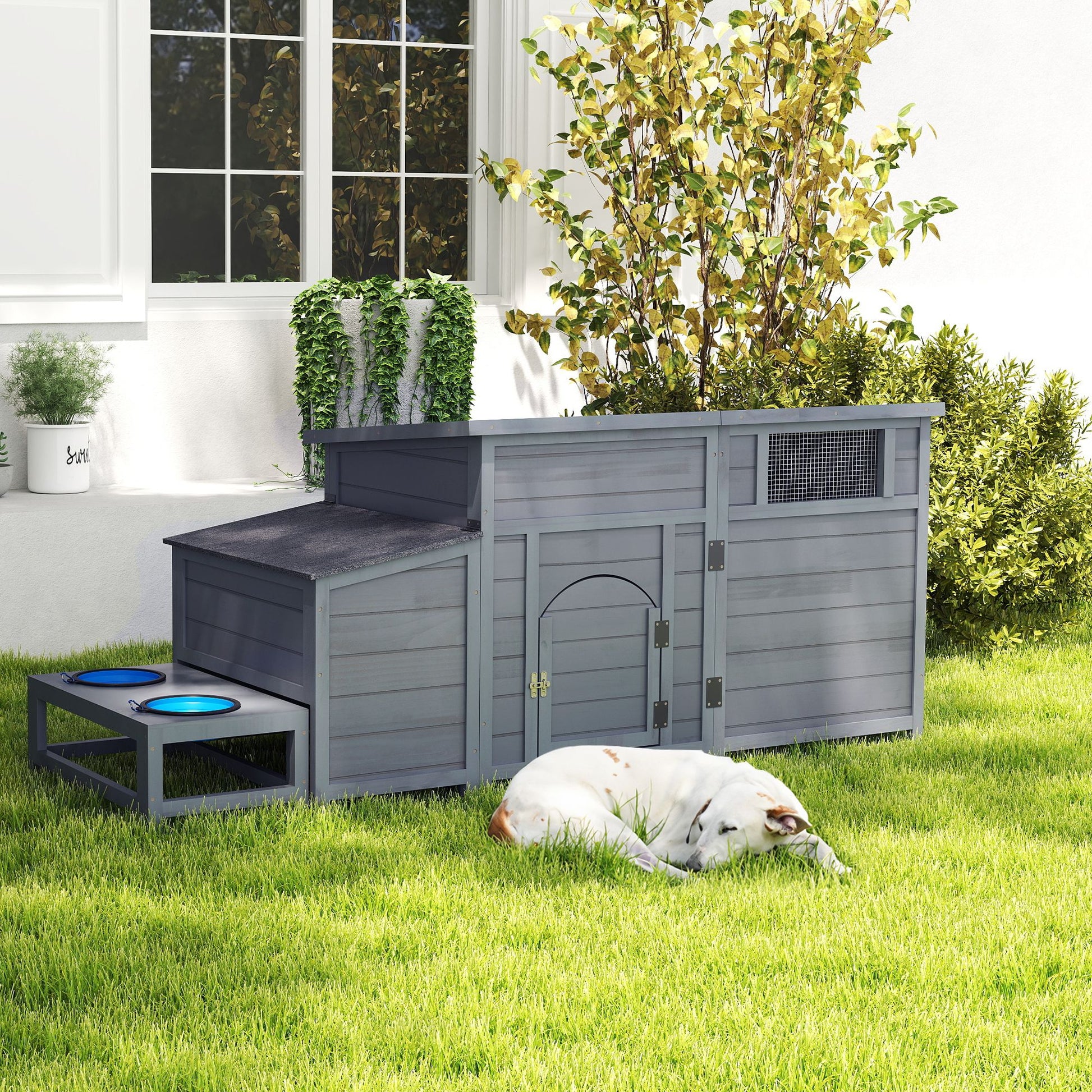 Wood Dog House, Outdoor Dog Kennel with Food Bowls, Storage Box